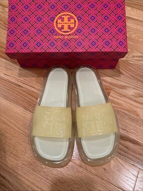 Tory Burch Cream Translucent Slide Sandals with Embossed Logo